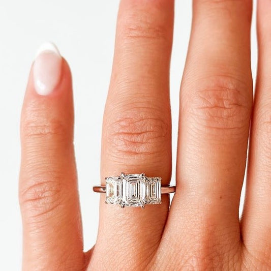 3 Stone Lab Grown Emerald Diamond Engagement Ring - 14K White Gold