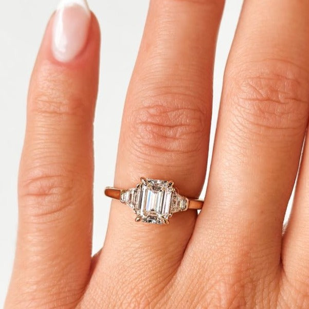 3 Stone Lab Grown Emerald Diamond Engagement Ring - 14K Yellow Gold