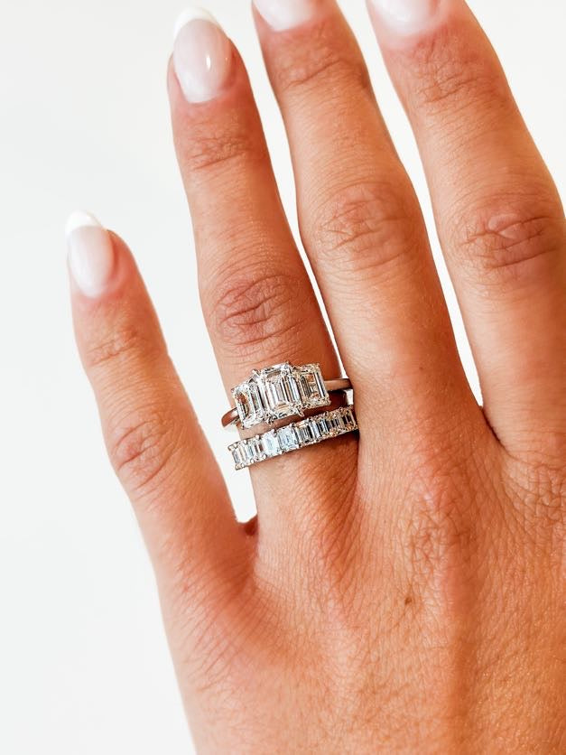 3 Stone Lab Grown Emerald Diamond Engagement Ring - 14K White Gold