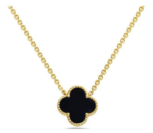 Bassali - 14K Yellow Gold Necklace with Single Onyx "Vanclover"